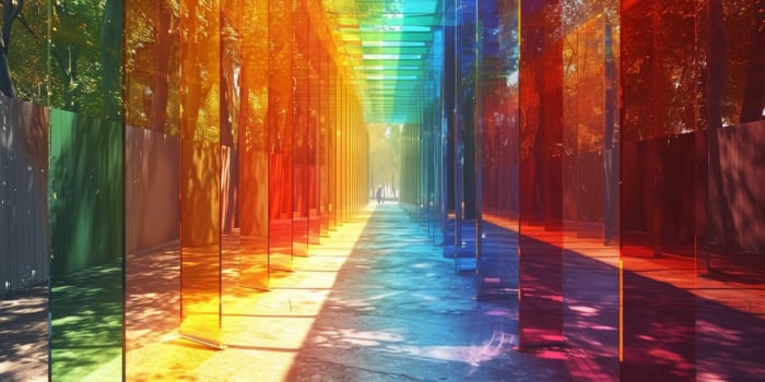 A rainbow colored glass walkway with trees in the background