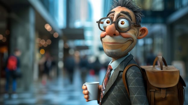 A cartoon character with a suit and tie holding coffee