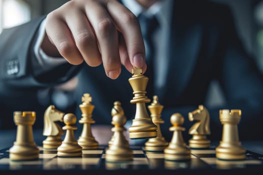 Man in business suit move chess figure on chessboard. Business strategy concept. Generative AI.