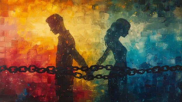 A painting of a couple holding hands with chains around their wrists