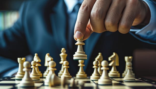 Man in business suit move chess figure on chessboard. Business strategy concept. Generative AI.