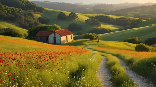 A dirt road leading to a small house in the middle of lush green hills