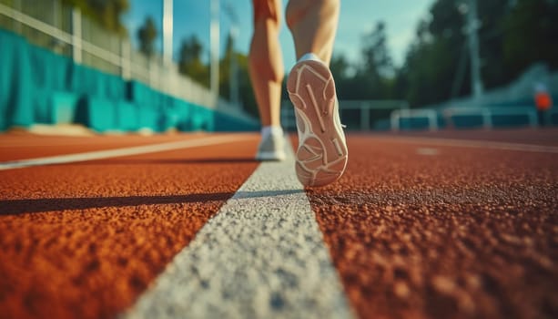 Athlete running on racetrack at stadium. Close up of athlete legs. Generative AI.