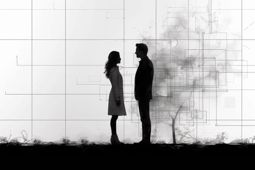 A couple standing in front of a tree with abstract lines