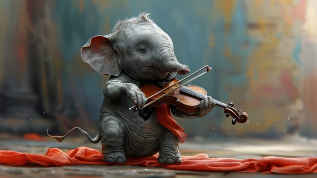 A small elephant playing a violin on top of red cloth