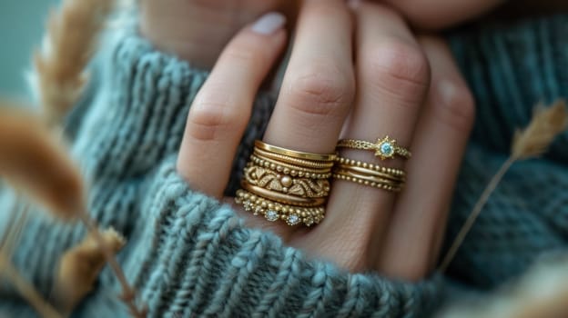 A woman's hands are wearing several rings with gold and diamonds