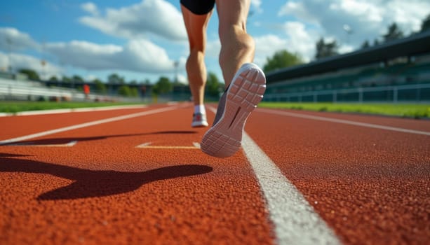 Athlete running on racetrack at stadium. Close up of athlete legs. Generative AI.