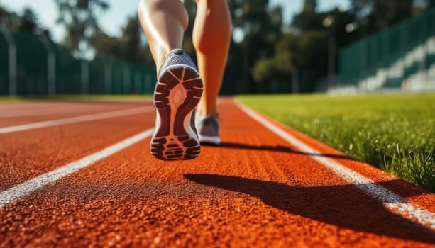 Athlete running on racetrack at stadium. Close up of athlete legs. Generative AI.