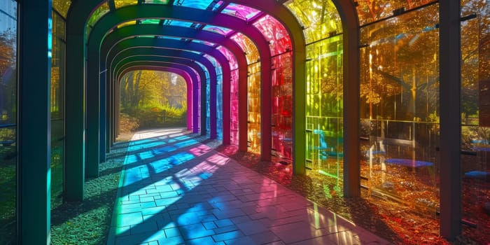 A walkway with many colored glass windows in a tunnel
