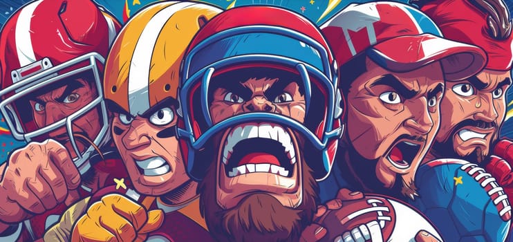 A cartoon illustration of a group of football players with helmets on