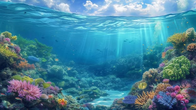 An underwater scene with a coral reef and ocean water
