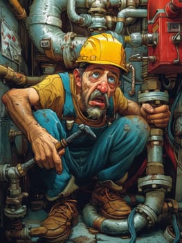 A man in a hard hat holding a wrench and pipes