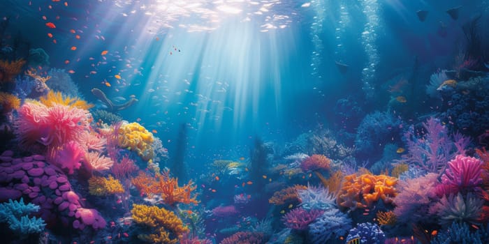A colorful underwater scene with sunlight shining through the water