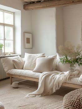 A white couch with pillows and a vase of flowers on it
