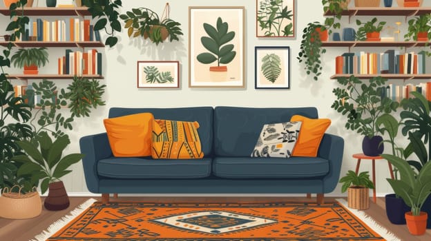 A living room with a blue couch and lots of plants