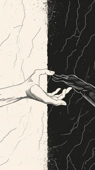 A drawing of two hands reaching for each other in a black and white image