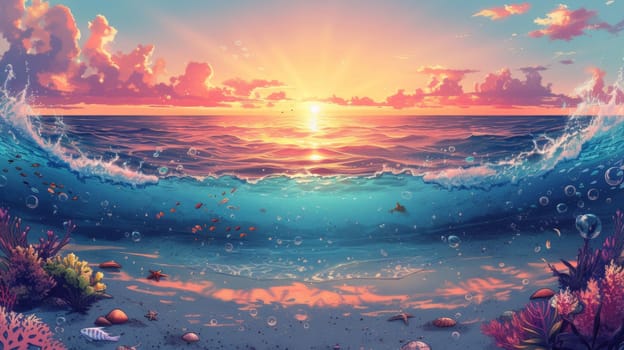 A painting of a sunset over the ocean with coral and fish