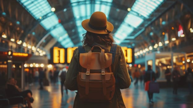 A woman with a hat and backpack walking through an airport