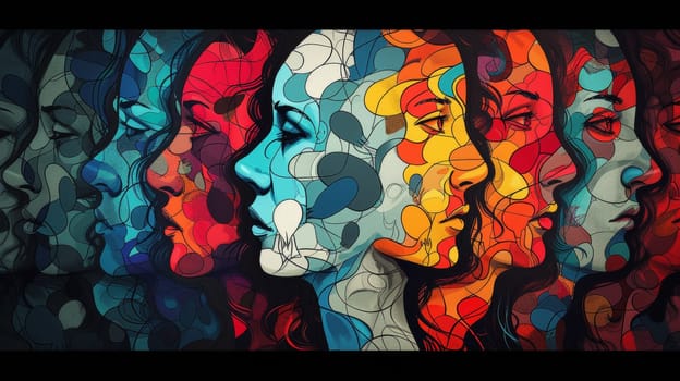 A group of faces painted in different colors and shapes