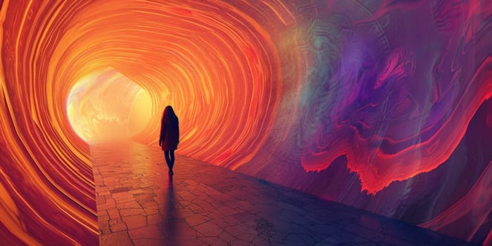 A woman walking down a long tunnel with colorful swirls