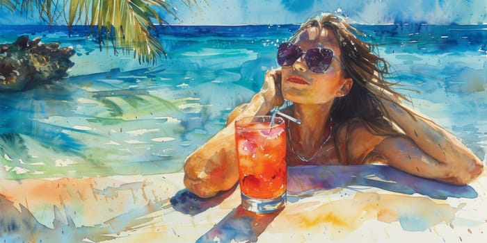 A woman in sunglasses sitting on a beach with drink