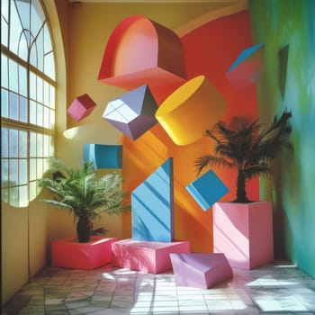 A colorful blocks are arranged in a room with plants