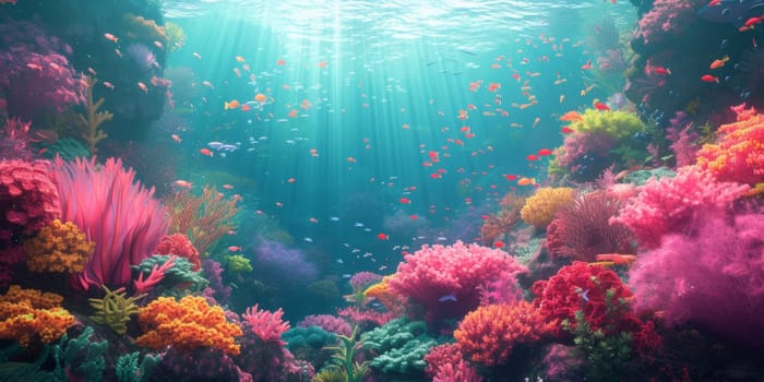 A colorful underwater scene with many different types of coral