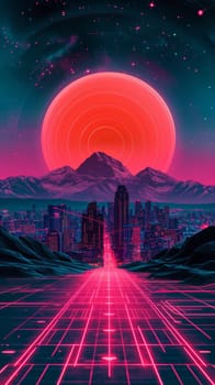 A futuristic city with a neon lighted road and mountains in the background