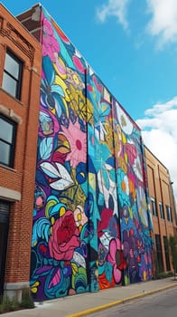 A large colorful mural on the side of a building next to some trees