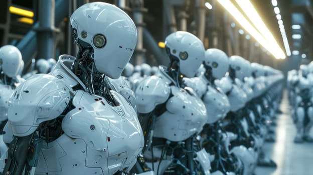 A row of robots lined up in a warehouse with white helmets