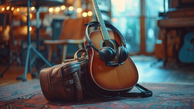 A guitar and a bag with headphones on the floor