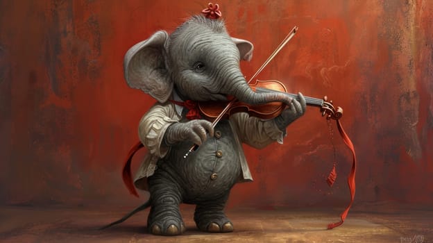 A small elephant is playing a violin in the painting