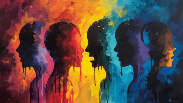 A painting of three faces with different colors and shapes