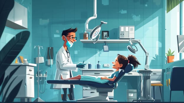 A cartoon illustration of a little girl sitting in the dentist chair
