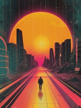 A man walking down a street in front of an orange sun