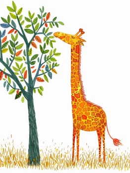 A giraffe eating leaves from a tree in the grass