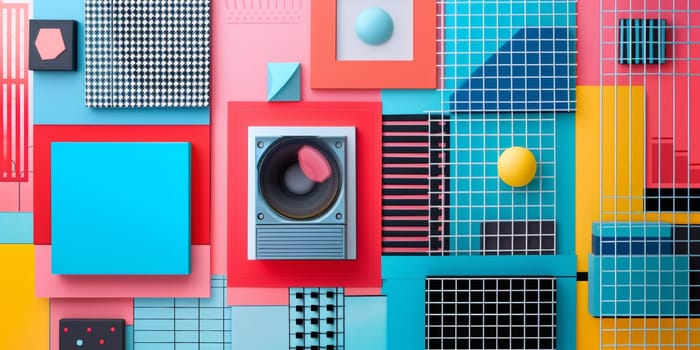 A colorful abstract wall with a speaker and other objects
