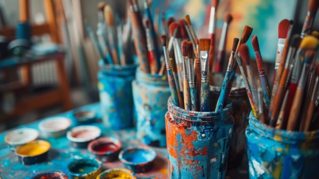 A table with paint brushes and jars of paints on it