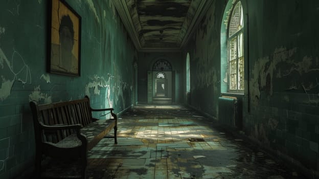 A long hallway with a bench and windows in the wall