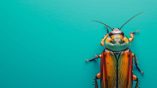 A close up of a bug on the blue background