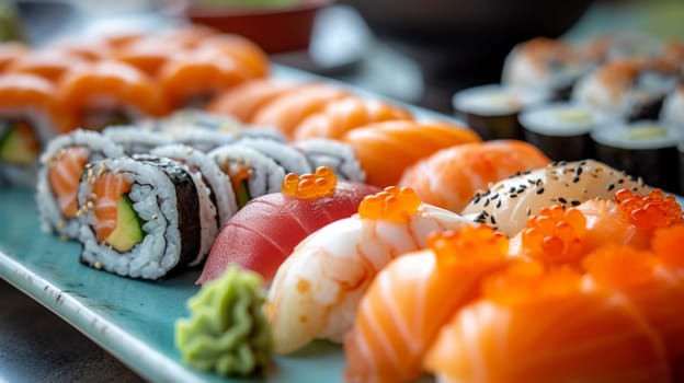 A close up of a plate with sushi and other food