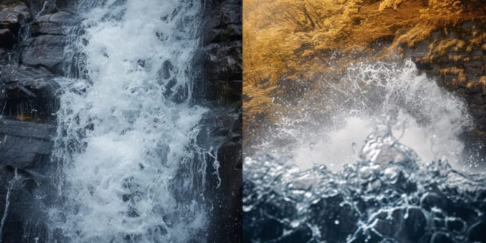 Two pictures of a waterfall with water splashing down it