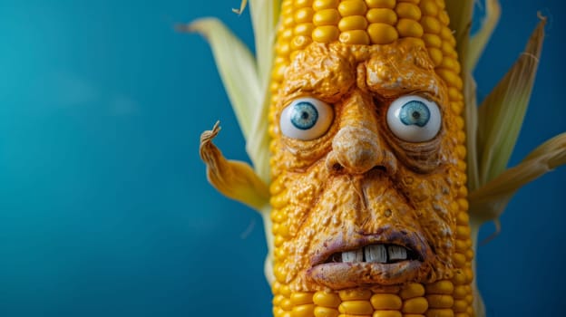 A close up of a corn cob with an angry face on it