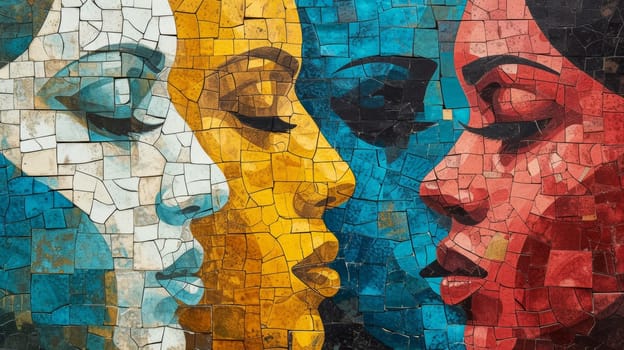 A colorful mosaic of three women's faces with different colors