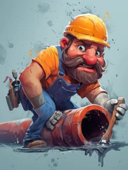 A cartoon character with a hard hat and orange vest is holding pipe