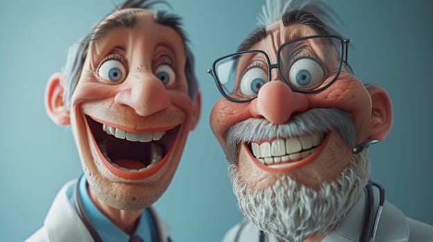 Two animated characters with beards and glasses are smiling