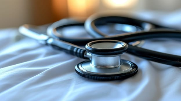 A close up of a stethoscope on top of a white sheet