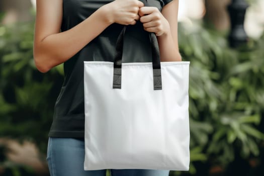 woman Hand holding a White Polyester square tote bag for mockup . AI generated image.