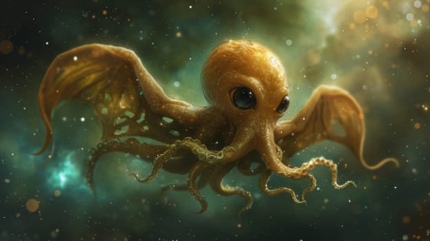 An illustration of a large octopus with big eyes and wings