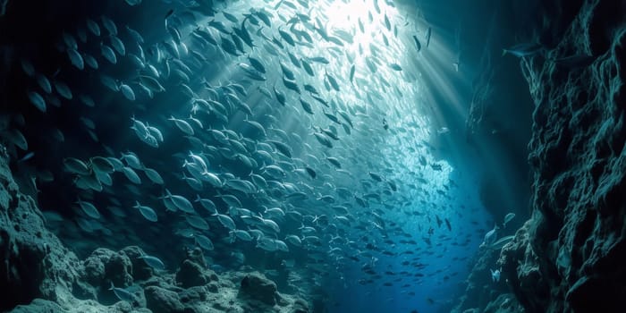 A large group of fish swim through a cave